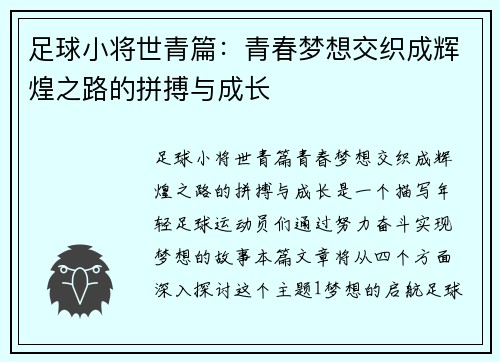 足球小将世青篇：青春梦想交织成辉煌之路的拼搏与成长